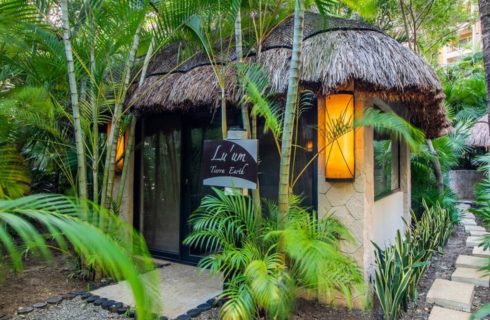 A thatched roof private spa cabin in the midst of a private jungle oasis.