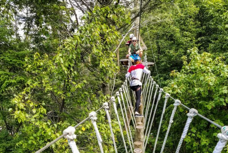 Some people crossing a rope bridge in the jungle
